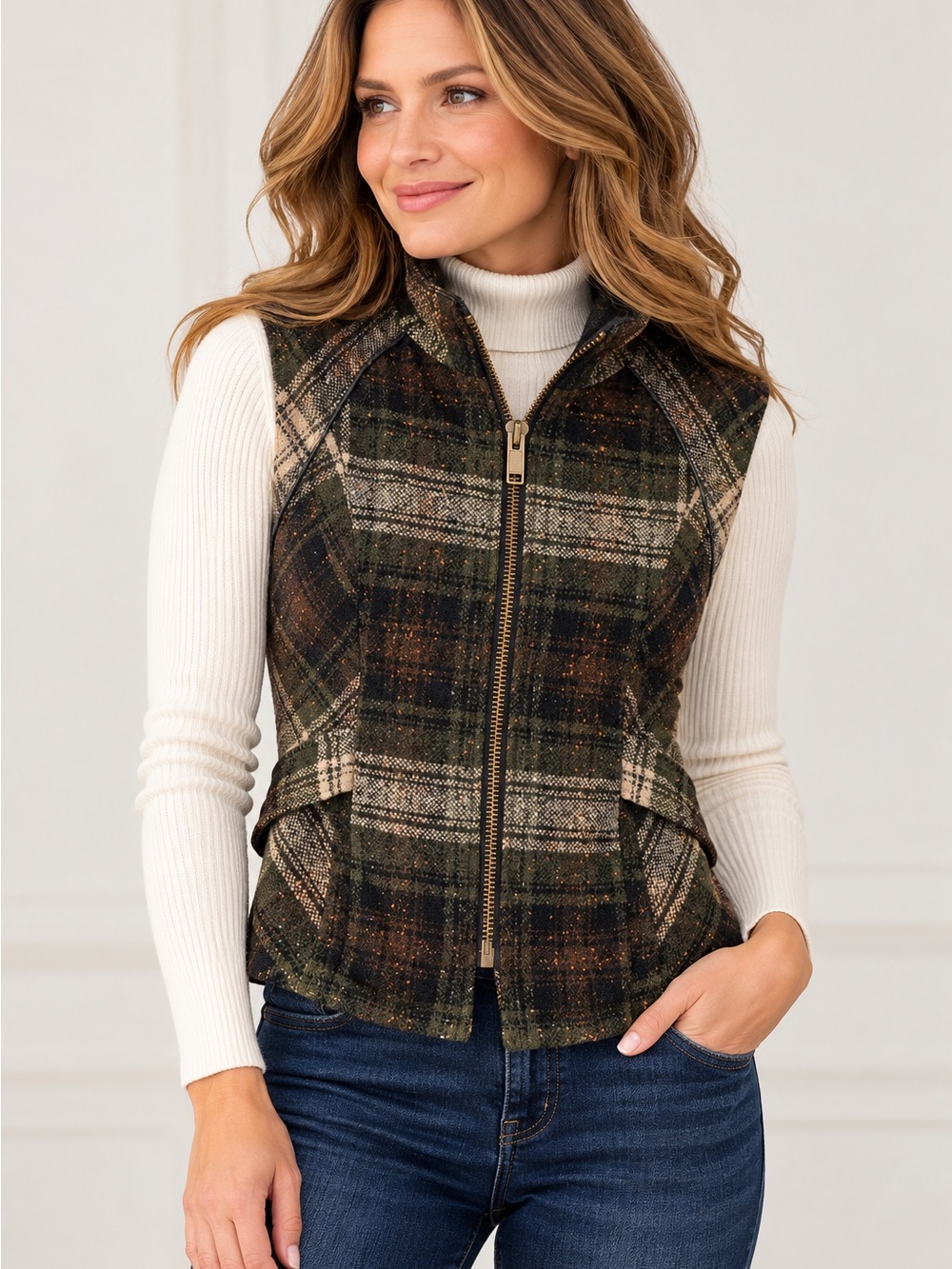 CAbi All Tied Up Plaid Wool Blend Vest Style 611 Green Brown Size M